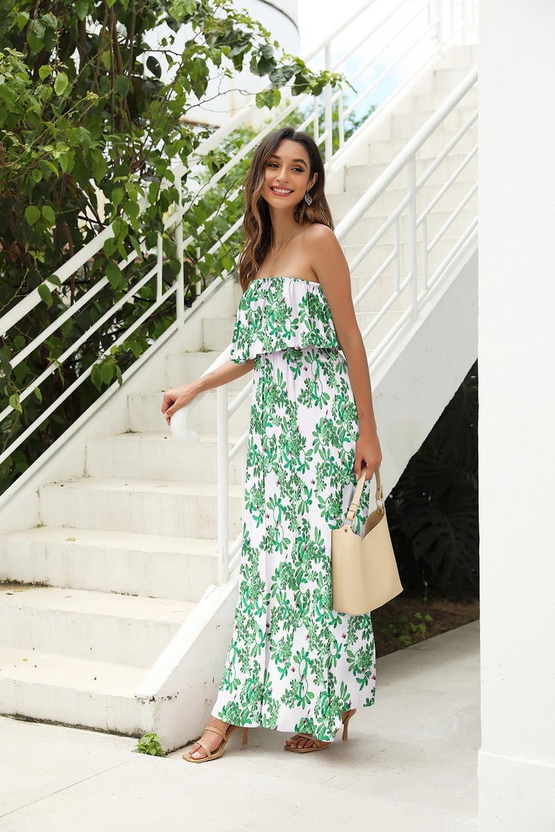 ZMPSIISA Women's Summer Off The Shoulder Maxi Dress Ruffle Strapless Blue White Porcelain Boho Casual Loose Long Dresses(A-Leaves Green,Small) - Image 3