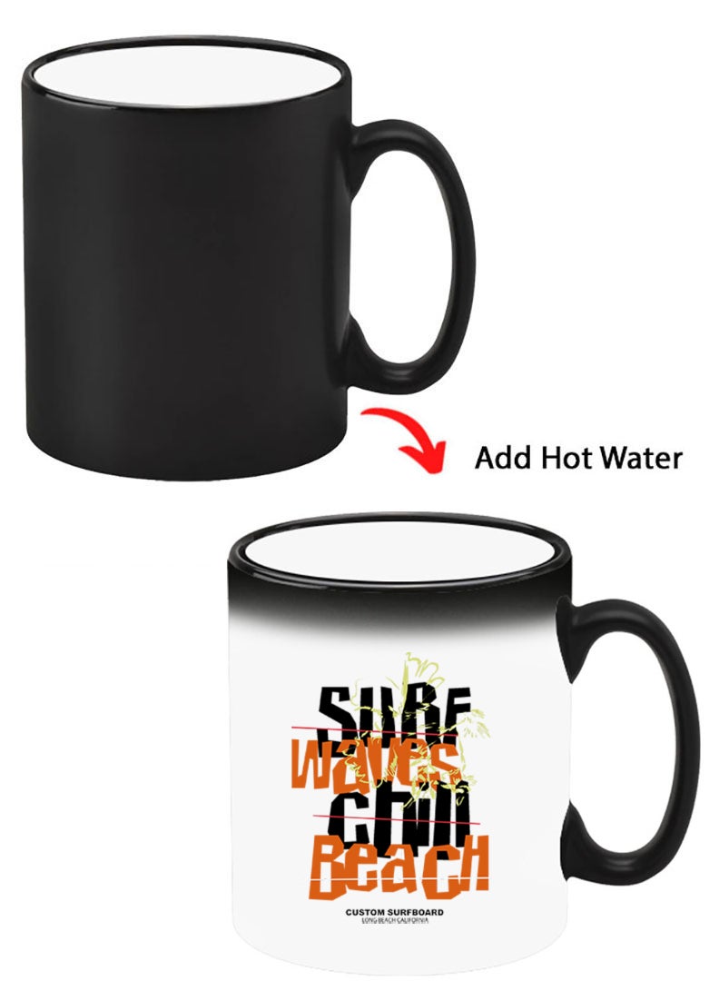 Theodor Color Changing Heat Sensitive Ceramic Mug, Image Revealed When HOT Liquid is Added! Surf waves chill beach black - Image 1