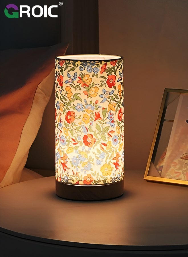 GROIC Bedside Touch Lamp with USB Ports, Modern 3 Way Dimmable Small Lamp with Flower Fabric Shade, Nightstand Lamp for Living Room, Bedroom, Kids' Room Decoration - Image 1