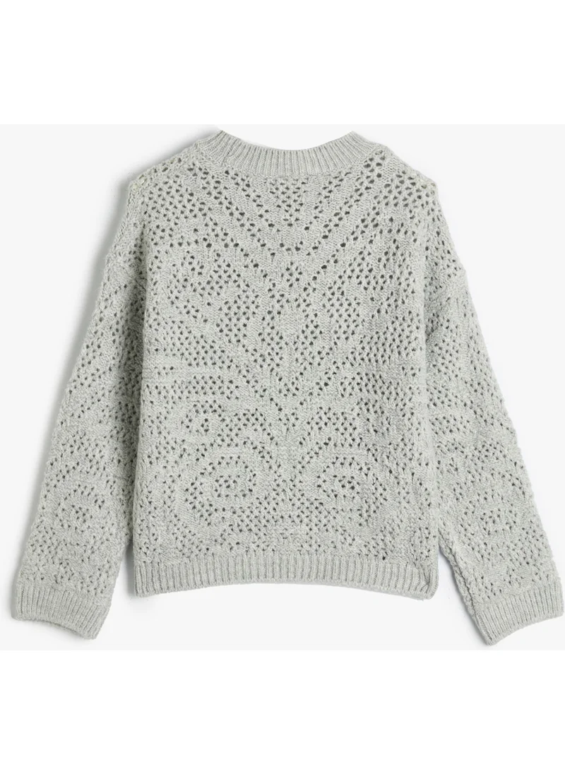 كوتون Knitted Sweater Openwork Round Neck Long Sleeve