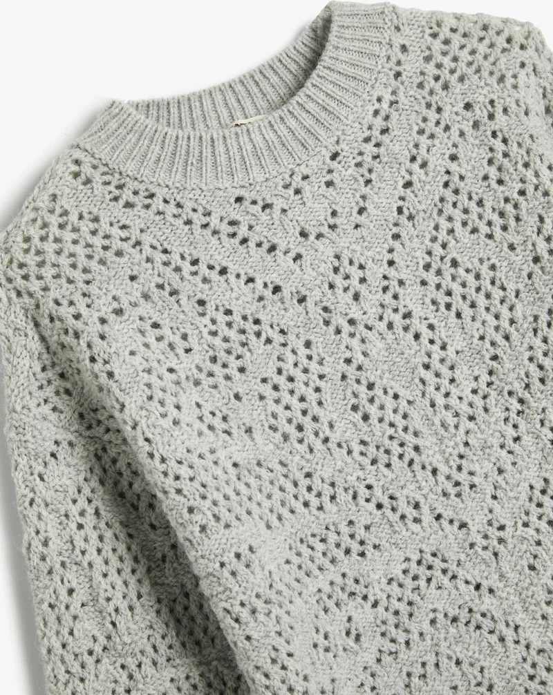 KOTON Knitted Sweater Openwork Round Neck Long Sleeve