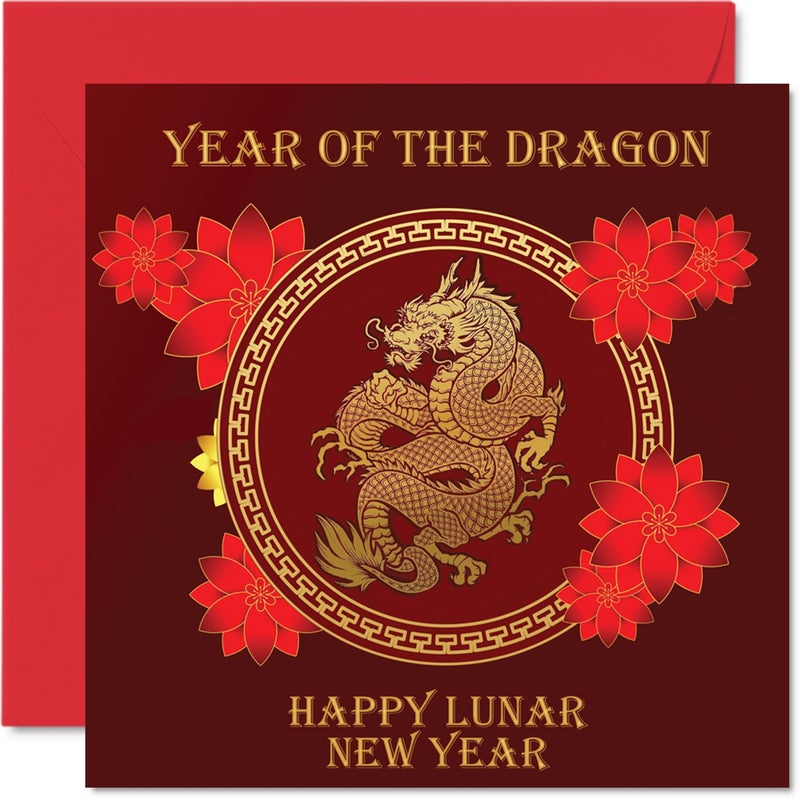 Stuff4 Family Lunar/Chinese New Year Cards for Women Men - Dragon - Happy Lunar New Year Card To All The family Sister Brother Cousin Uncle Aunt  5.7 x 5.7 Inch Single Greeting Cards Gift - Image 1