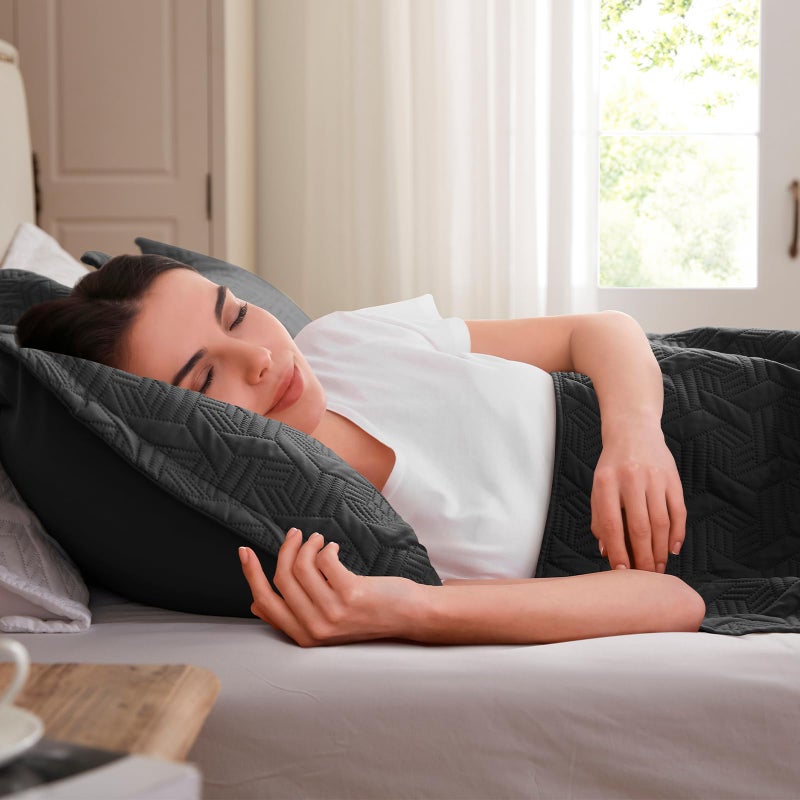 LEAONME مجموعة لحاف كاملة/كوين 3 قطع 3 قطع سوداء سوداء-90''x98 '' لحاف ناعم في الصيف لحاف فاخر الدفء لجميع المواسم (يتضمن لحاف واحد 2 shams) - Image 4