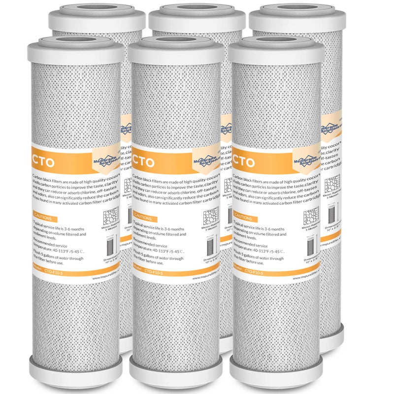 Membrane Solutions 5 Micron 2.5" x 10" CTO Carbon Block Water Filter Cartridge Replacement for Whole House Filtration Systems, Compatible with WFPFC8002, WFPFC9001, FXWTC, WHKF-WHWC, 6-Pack - Image 1