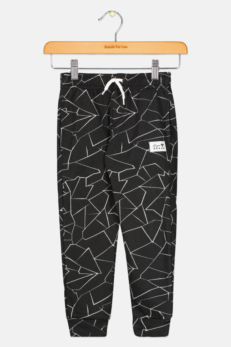 brooklyn Kids Boy Drawstring Allover Print Jogger Pants, Black  - Image 1