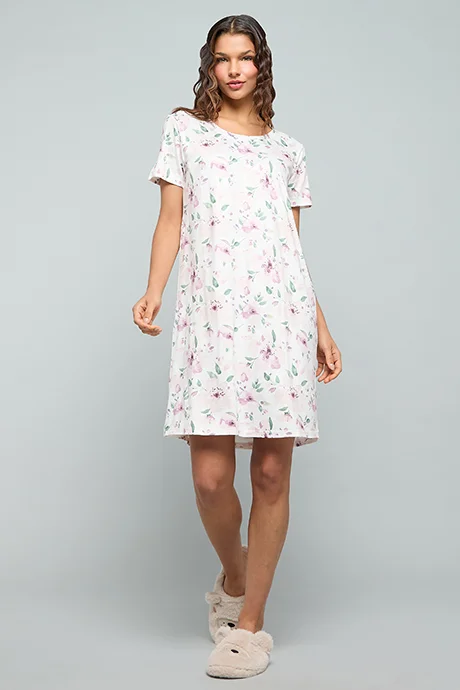 أر أند بي Printed Nightdress With Round Neck and Short Sleeves
