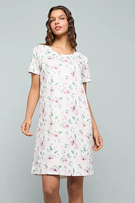 أر أند بي Printed Nightdress With Round Neck and Short Sleeves