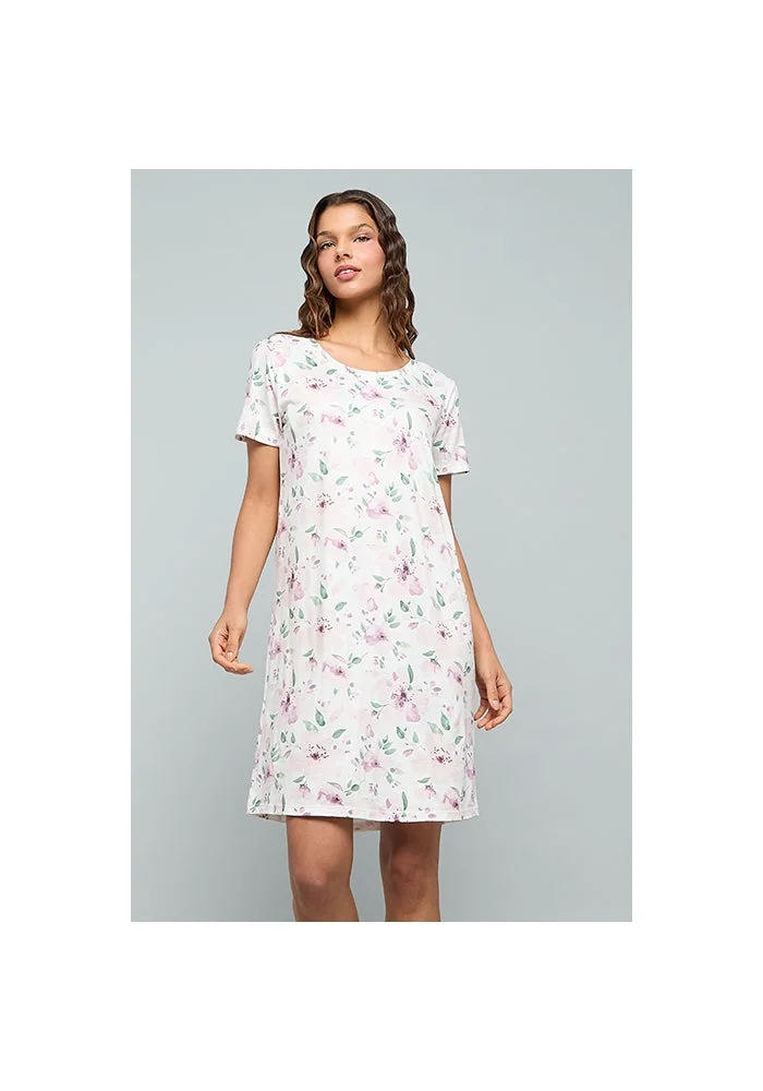 R&b Printed Nightdress With Round Neck and Short Sleeves