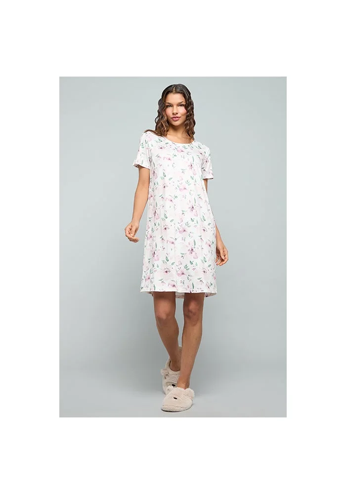 R&b Printed Nightdress With Round Neck and Short Sleeves