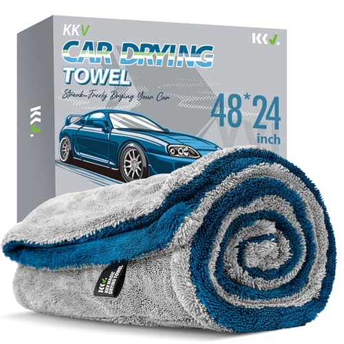 KKV Full-Sized SUV Drying Towel, 48”x24” Dual Sided Microfiber Car Cleaning Towel with Twisting Yarn Technique, 1400GSM Super Absorbent, Scratch-Free, Machine Washable (LightGrey-MarineBlue) - Image 1