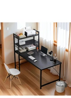 1pc Black Metal Computer Desk with Storage Shelves, Freestanding L-Shaped Writing Study Table, Home Office Desk with Bookshelf, Under-Desk Open Shelving, Unfinished Finish, Weather-Independent, Less Than 3.2 Cubic Feet Closed Storage, Height Under 68.58 cm
