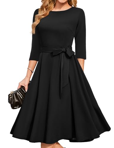 DRESSTELLS Vintage Tea Dress for Women, 1950s Cocktail Party Dresses, Modest Bridesmaid Dress for Wedding Guest, 3/4 Sleeve Formal Aline Church Dress, Fit Flare Prom Dress Black XL - Image 1