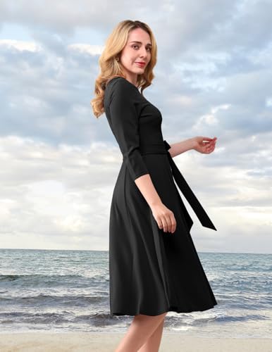 DRESSTELLS Vintage Tea Dress for Women, 1950s Cocktail Party Dresses, Modest Bridesmaid Dress for Wedding Guest, 3/4 Sleeve Formal Aline Church Dress, Fit Flare Prom Dress Black XL - Image 3