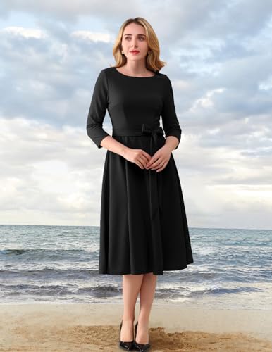 DRESSTELLS Vintage Tea Dress for Women, 1950s Cocktail Party Dresses, Modest Bridesmaid Dress for Wedding Guest, 3/4 Sleeve Formal Aline Church Dress, Fit Flare Prom Dress Black XL - Image 2