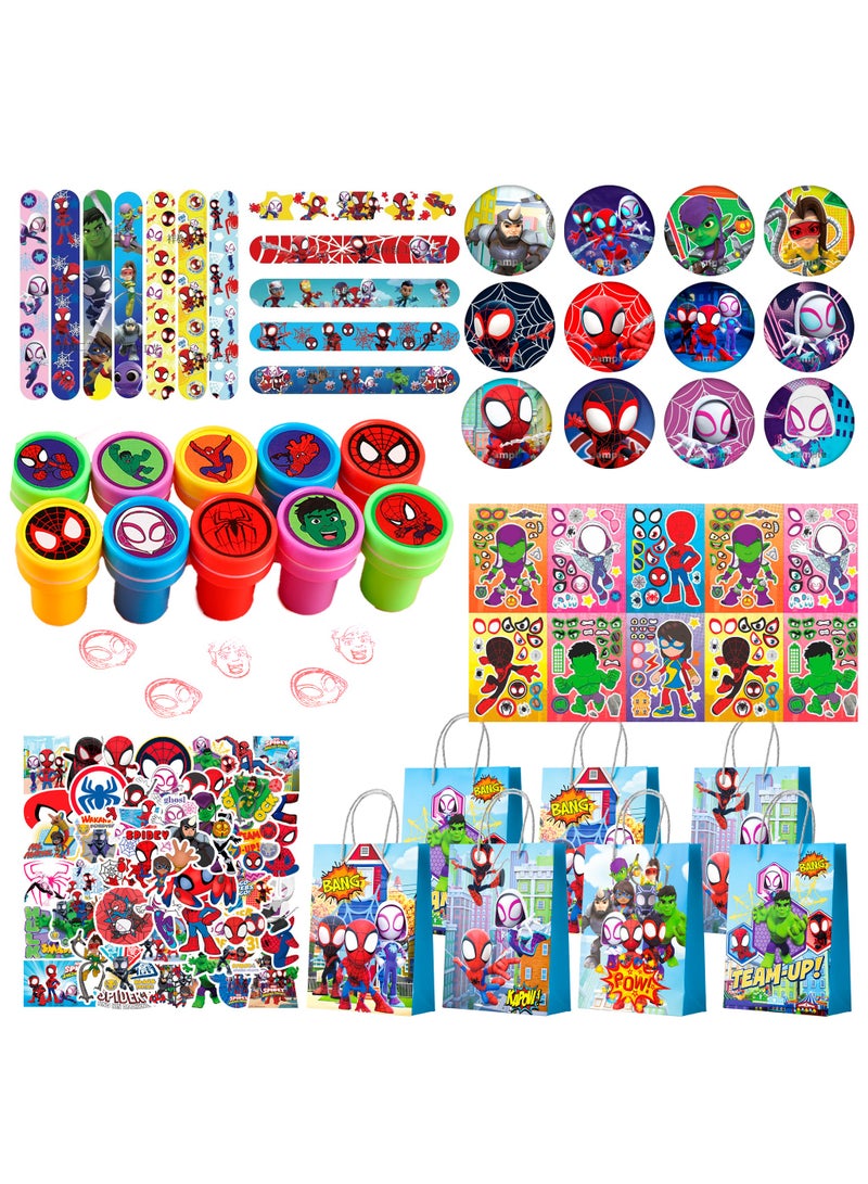 إيلوفهابرتي هدايا حفلة عيد ميلاد سبايدرمان لـ 12 ضيفًا، 110 قطعة حزمة هدايا حفلة سبايدرمان وأصدقاؤه الرائعون شاملة أكياس وبروشات وملصقات وأساور لاصقة وختم وما إلى ذلك هدايا حفلة عيد ميلاد سبايدرمان وأصدقاؤه للأولاد والأطفال - Image 1