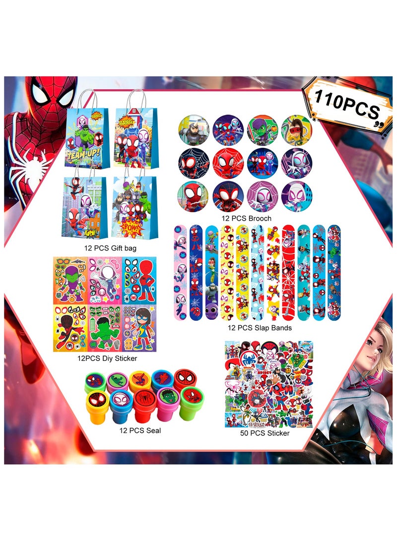 إيلوفهابرتي هدايا حفلة عيد ميلاد سبايدرمان لـ 12 ضيفًا، 110 قطعة حزمة هدايا حفلة سبايدرمان وأصدقاؤه الرائعون شاملة أكياس وبروشات وملصقات وأساور لاصقة وختم وما إلى ذلك هدايا حفلة عيد ميلاد سبايدرمان وأصدقاؤه للأولاد والأطفال - Image 2