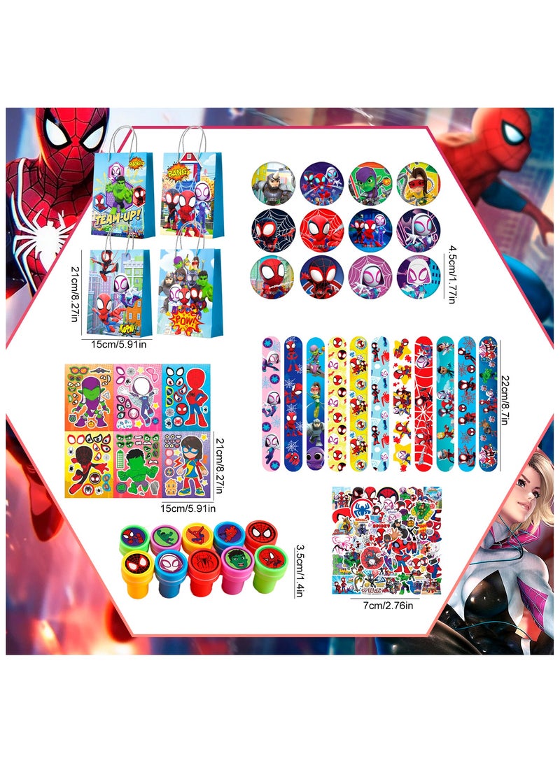 إيلوفهابرتي هدايا حفلة عيد ميلاد سبايدرمان لـ 12 ضيفًا، 110 قطعة حزمة هدايا حفلة سبايدرمان وأصدقاؤه الرائعون شاملة أكياس وبروشات وملصقات وأساور لاصقة وختم وما إلى ذلك هدايا حفلة عيد ميلاد سبايدرمان وأصدقاؤه للأولاد والأطفال - Image 3