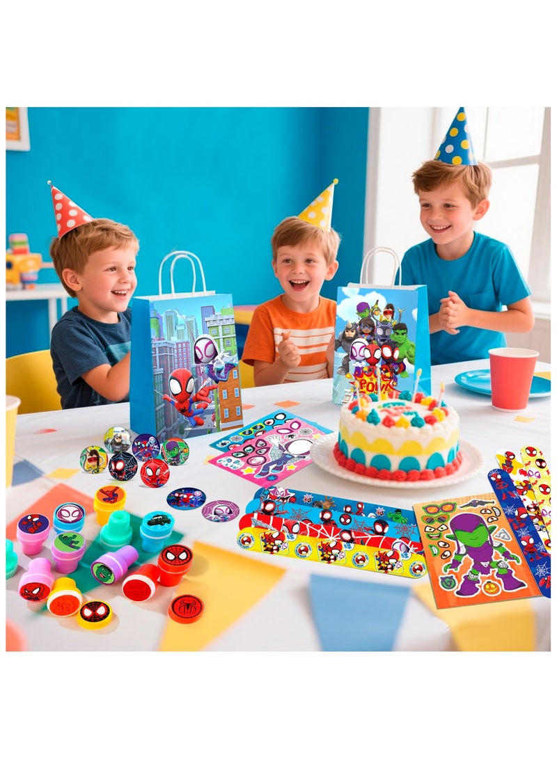 إيلوفهابرتي هدايا حفلة عيد ميلاد سبايدرمان لـ 12 ضيفًا، 110 قطعة حزمة هدايا حفلة سبايدرمان وأصدقاؤه الرائعون شاملة أكياس وبروشات وملصقات وأساور لاصقة وختم وما إلى ذلك هدايا حفلة عيد ميلاد سبايدرمان وأصدقاؤه للأولاد والأطفال - Image 4