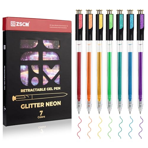 ZSCM Retractable Glitter Neon Pens, 7 Colors Large Capacity UV Reactive Sparkle Gel Ink Pens for Adult Coloring, 1.0 mm Fine Point Smooth Writing Color Pen for UV Art Note Taking Aesthetic Art Supplies - Image 1