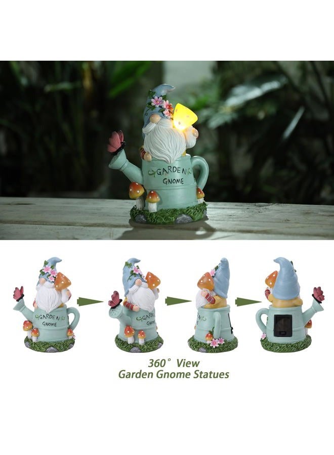 Ovewios Garden Gnome Statue, Novelty Gnome Outdoor Figurine with Watering Can Shape and Flowers Butterfly Decor - Resin Gnome Sculpture with Mushroom Solar Lights for Porch Patio Yard Outdoor Decor - Image 2