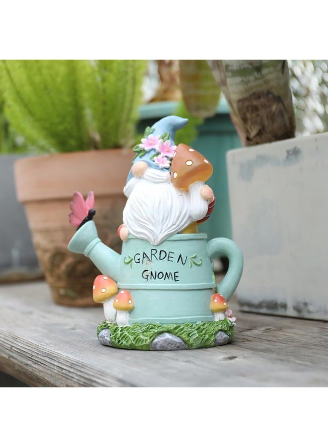 Ovewios Garden Gnome Statue, Novelty Gnome Outdoor Figurine with Watering Can Shape and Flowers Butterfly Decor - Resin Gnome Sculpture with Mushroom Solar Lights for Porch Patio Yard Outdoor Decor - Image 3