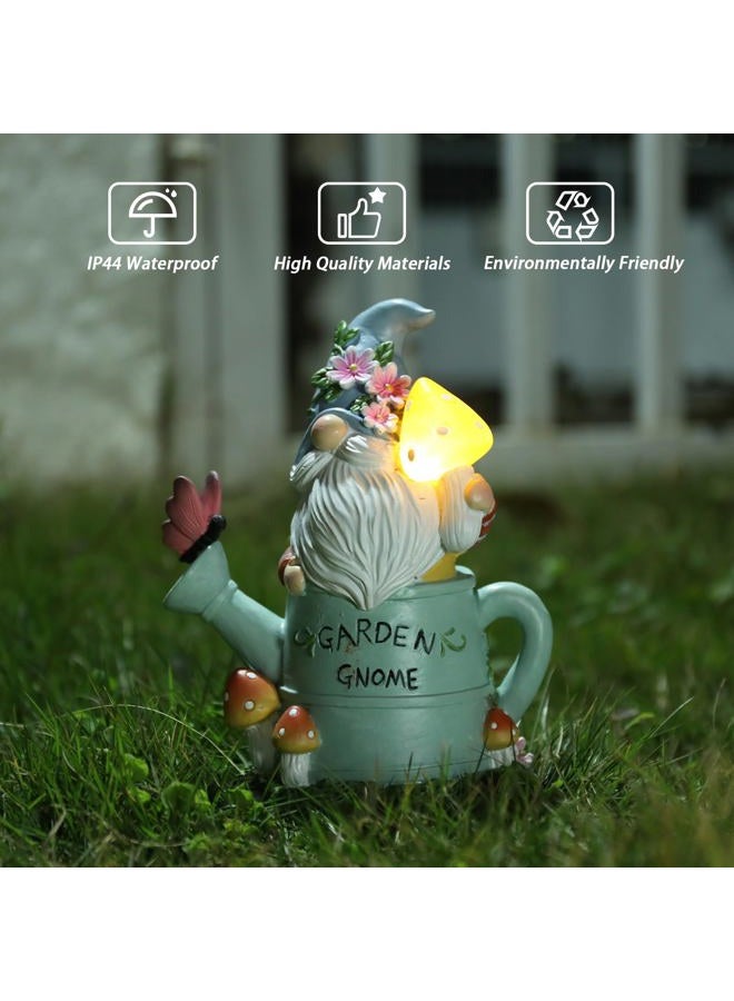 Ovewios Garden Gnome Statue, Novelty Gnome Outdoor Figurine with Watering Can Shape and Flowers Butterfly Decor - Resin Gnome Sculpture with Mushroom Solar Lights for Porch Patio Yard Outdoor Decor - Image 5