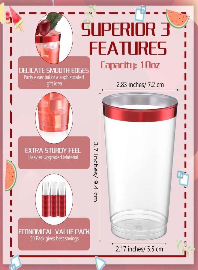 Norme 50 Pcs 10 oz Plastic Party Cups Clear Plastic Disposable Tumblers Rimmed Cups for Wedding, Thanksgiving Day, Christmas, Drinking(Red) - Image 2