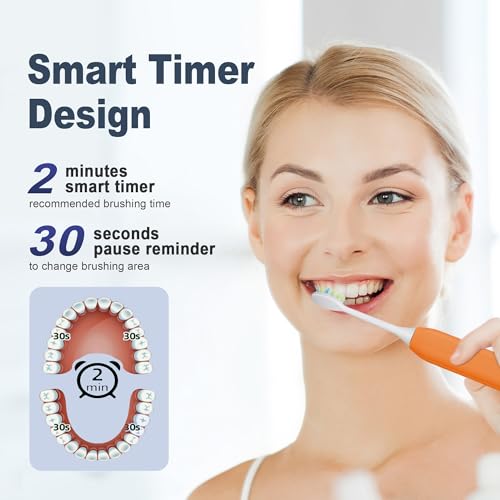 7AM2M Sonic Electric Toothbrush for Adults and Kids, with 8 Brush Heads and Travel Case,5 Modes with 2 Minutes Built in Smart Timer, One Charge Use for 90 Days, Rechargeable Toothbrushes (Orange) - Image 5