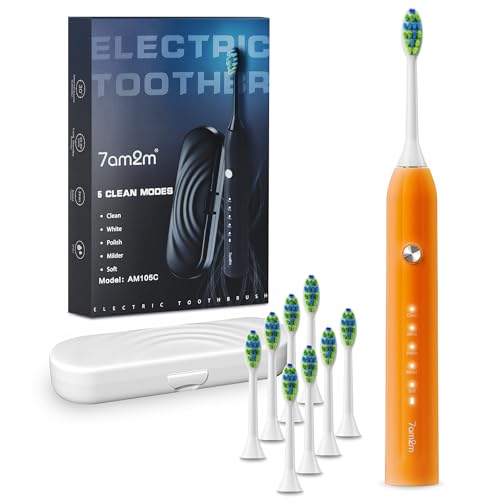 7AM2M Sonic Electric Toothbrush for Adults and Kids, with 8 Brush Heads and Travel Case,5 Modes with 2 Minutes Built in Smart Timer, One Charge Use for 90 Days, Rechargeable Toothbrushes (Orange) - Image 1