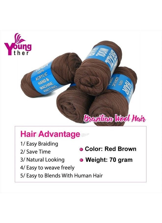 Youngther - 100% Brazilian Wool Hair Acrylic Yarn for African Braids/Senegalese Twist/Faux Locs/Wraps and Crochet Hook(4 Roll, Red Brown) - Image 1