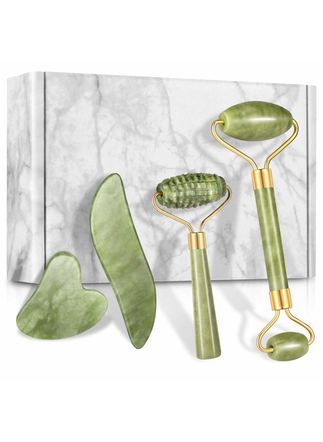 Charmonic 4-pcs Jade Roller & Gua Sha Set, Facial Roller Massager with Gua Sha Scraping Tool, Jade Stone Massager for Anti-aging, Slimming & Firming, Rejuvenate Face and Neck, Remove Wrinkles & Eye Puffiness  - Image 1