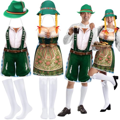 Croloose 6 Pcs Oktoberfest Costume Beer Festival Outfit Couples Apron Hat Socks Set German Bavarian Party Gifts(Green) - Image 1