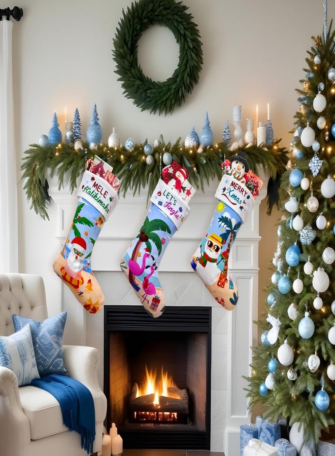 أور ورم جوارب عيد الميلاد من OurWarm، عبوة من 3 قطع، جوارب زرقاء بطول 18 بوصة بتصميمات هاواي: سانتا كلوز، رجل الثلج، فلامنجو، وأشجار النخيل، مثالية لتزيين المنزل في حفلات عيد الميلاد، أو كديكور لشجرة عيد الميلاد أو المدفأة. - Image 3
