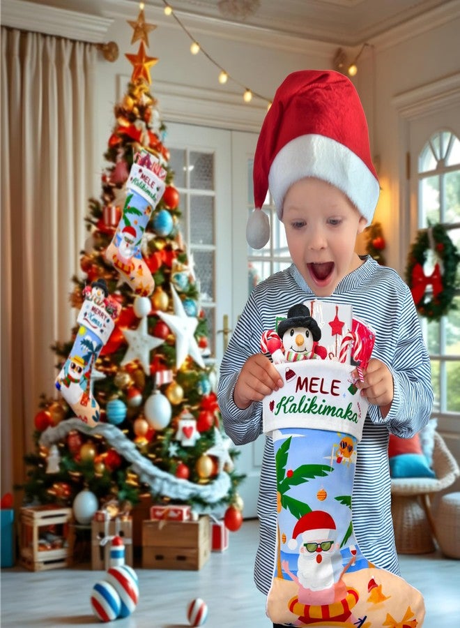 أور ورم جوارب عيد الميلاد من OurWarm، عبوة من 3 قطع، جوارب زرقاء بطول 18 بوصة بتصميمات هاواي: سانتا كلوز، رجل الثلج، فلامنجو، وأشجار النخيل، مثالية لتزيين المنزل في حفلات عيد الميلاد، أو كديكور لشجرة عيد الميلاد أو المدفأة. - Image 5