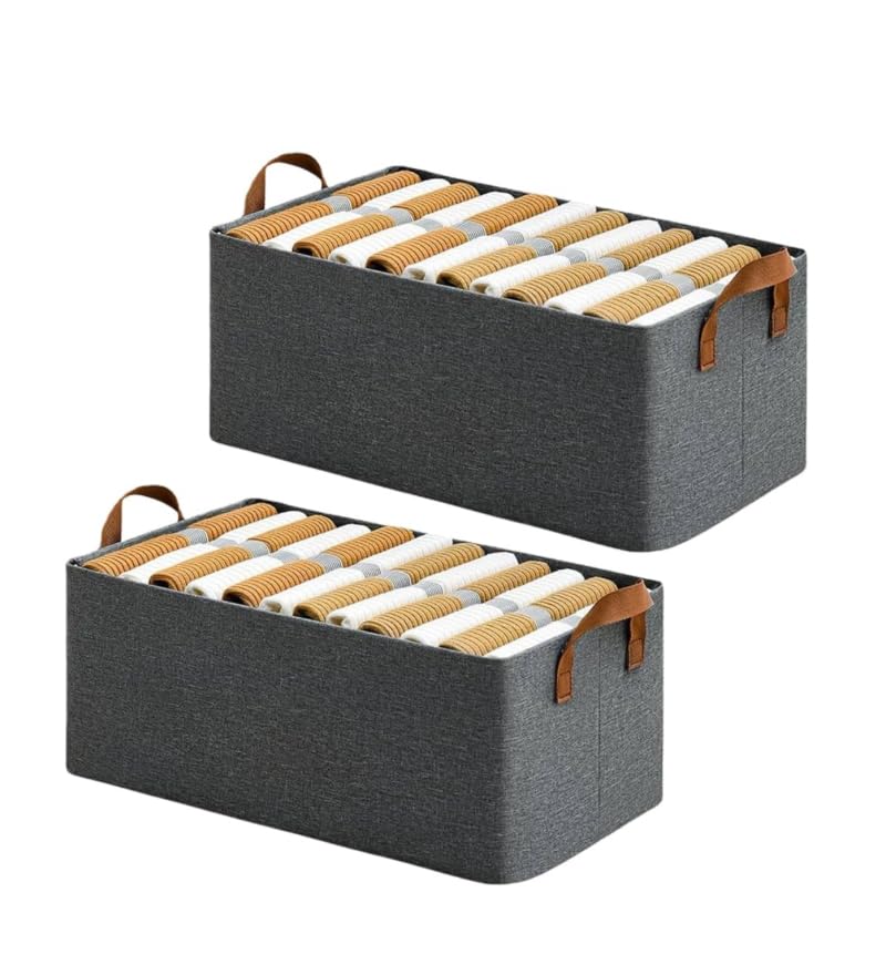 Vivaa's Vivaas Pack of 2 Store Wardrobe Organizer for Clothes with Metal Frame Rectangle Storage Baskets for Clothing Fabric Storage Box with Handles Shelf Basket for Storage Clothes Pants Jeans Sweater - Image 1