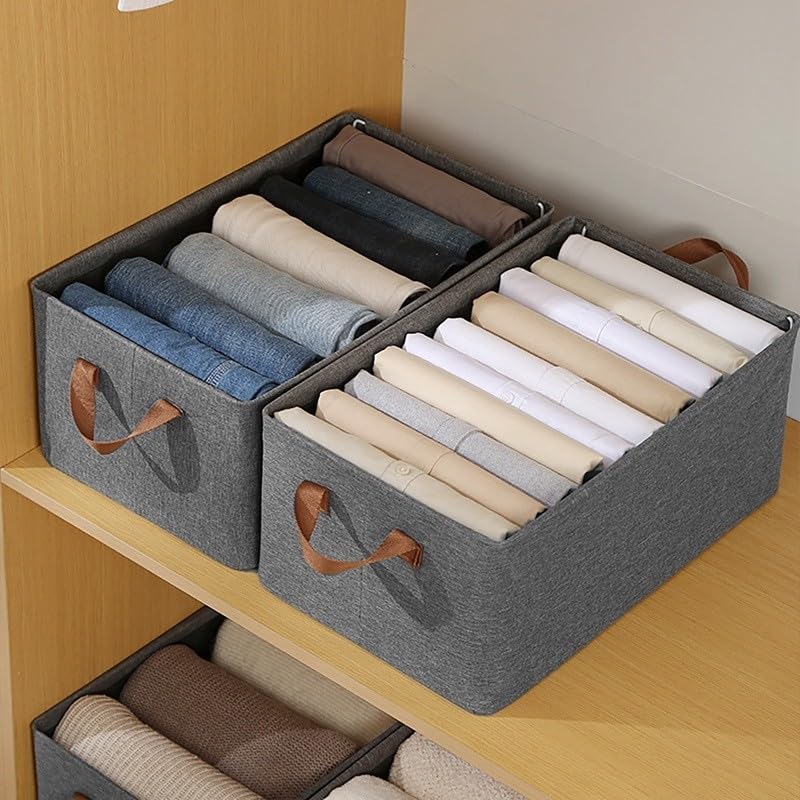 Vivaa's Vivaas Pack of 2 Store Wardrobe Organizer for Clothes with Metal Frame Rectangle Storage Baskets for Clothing Fabric Storage Box with Handles Shelf Basket for Storage Clothes Pants Jeans Sweater - Image 2