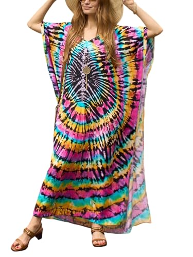 IMAGEKOPE Women's Plus Size Loose Fit Moroccan Print V-Neck Batwing Kaftan Beach Dress Bathing Suit Cover Up - Image 1