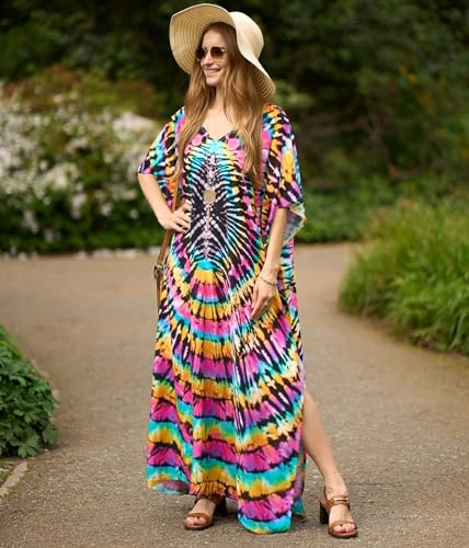 IMAGEKOPE Women's Plus Size Loose Fit Moroccan Print V-Neck Batwing Kaftan Beach Dress Bathing Suit Cover Up - Image 2