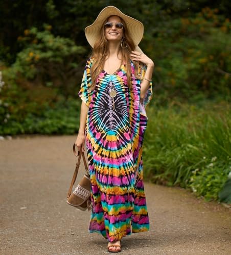 IMAGEKOPE Women's Plus Size Loose Fit Moroccan Print V-Neck Batwing Kaftan Beach Dress Bathing Suit Cover Up - Image 3