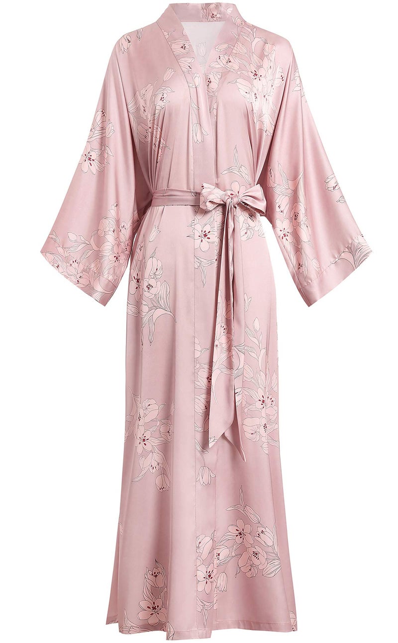 Aensso Aensso long soft silk y kimono robes for women,floral blouse cover up loose cardigan house robe-Pink  - Image 1