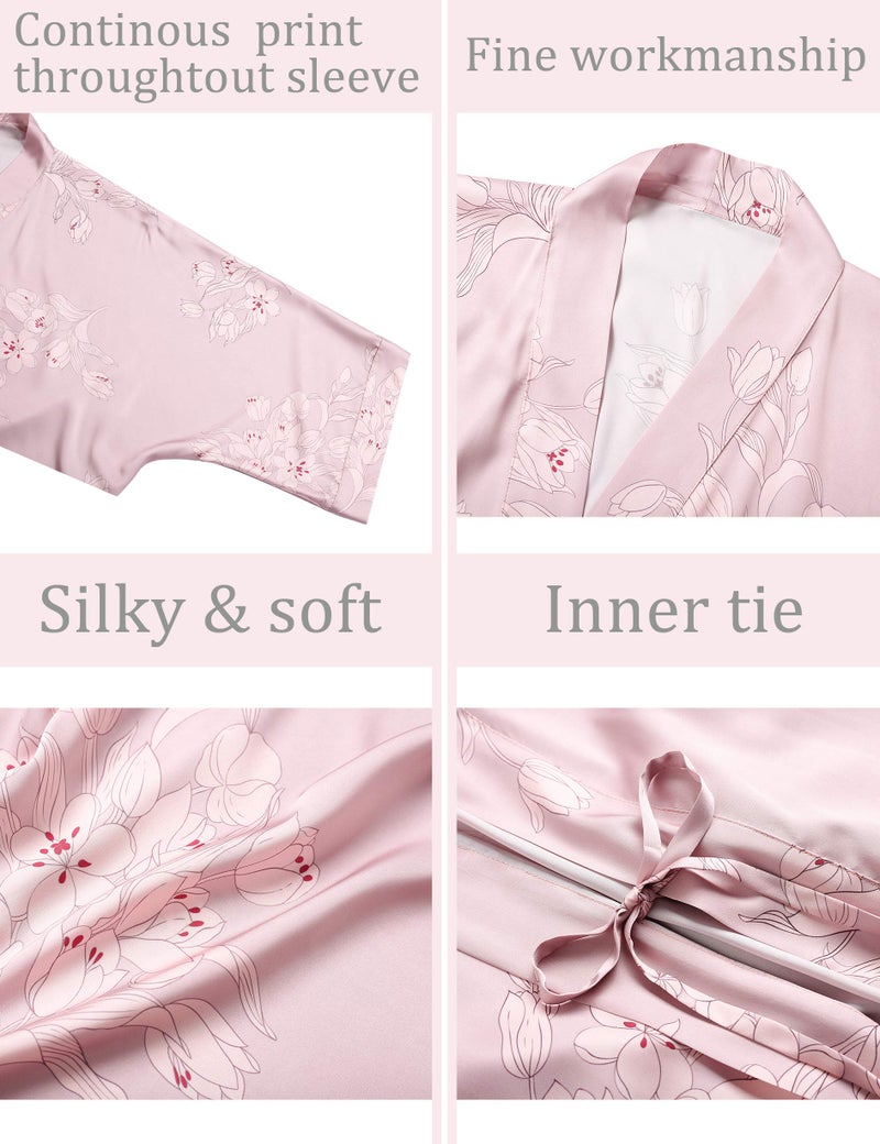 Aensso Aensso long soft silk y kimono robes for women,floral blouse cover up loose cardigan house robe-Pink  - Image 5