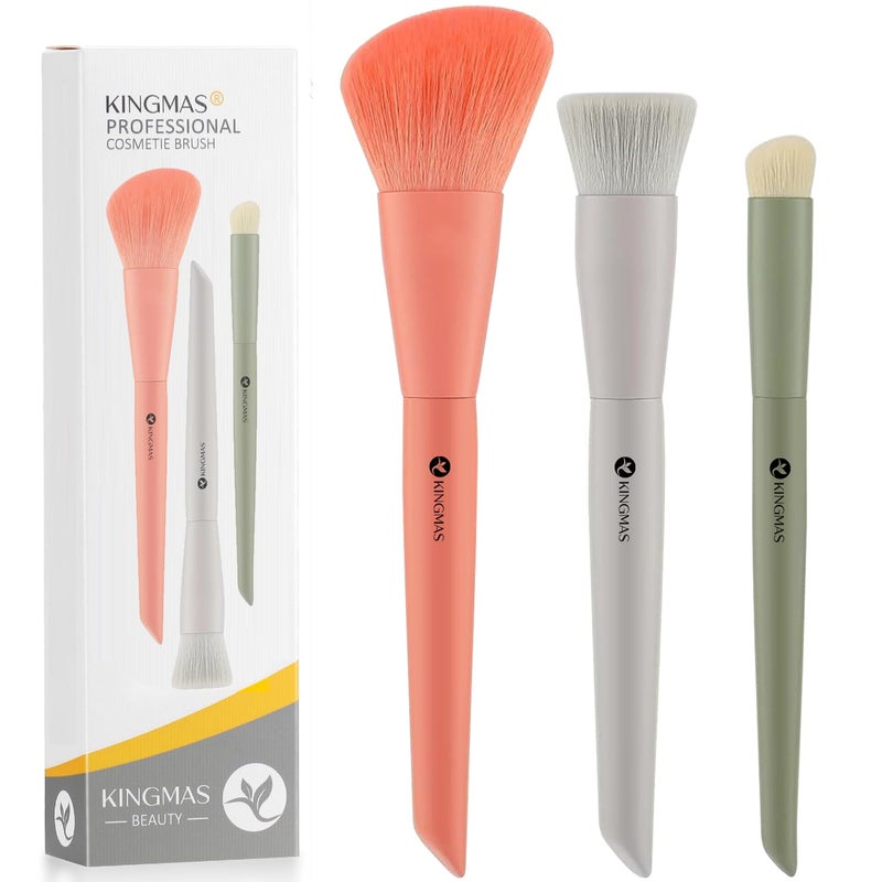 KINGMAS 3Pcs Foundation Brush Contour Concealer Brush Set, Under Eye & Blusher Brush Face Kabuki Makeup Brushes - Image 1