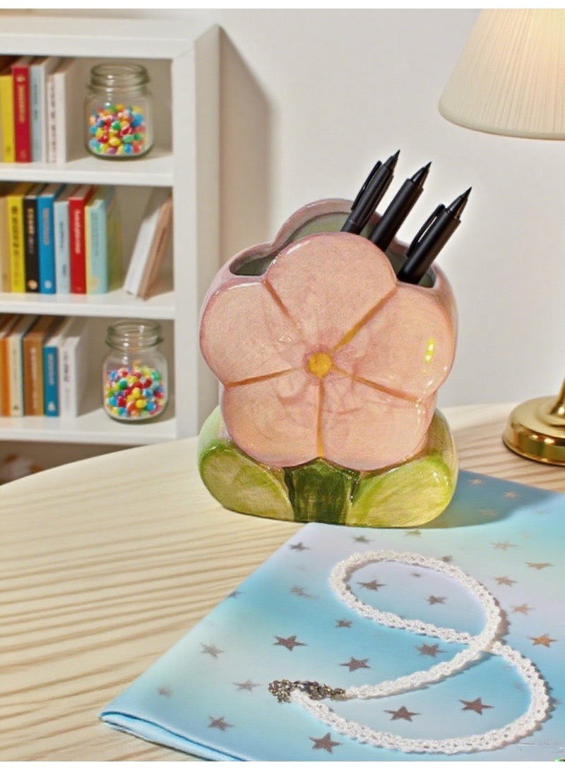 Haidue Ceramic Flower-shaped Pen Holder & Storage Box | Pink Tulip Design for Desk Organization & Decoration, Perfect for Girls, Students & Offices, Multi-functional Stationery & Makeup Brush Organizer - Image 4