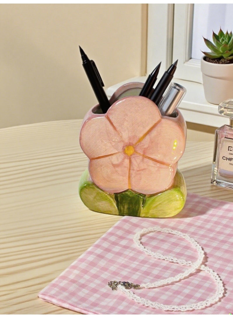 Haidue Ceramic Flower-shaped Pen Holder & Storage Box | Pink Tulip Design for Desk Organization & Decoration, Perfect for Girls, Students & Offices, Multi-functional Stationery & Makeup Brush Organizer - Image 3