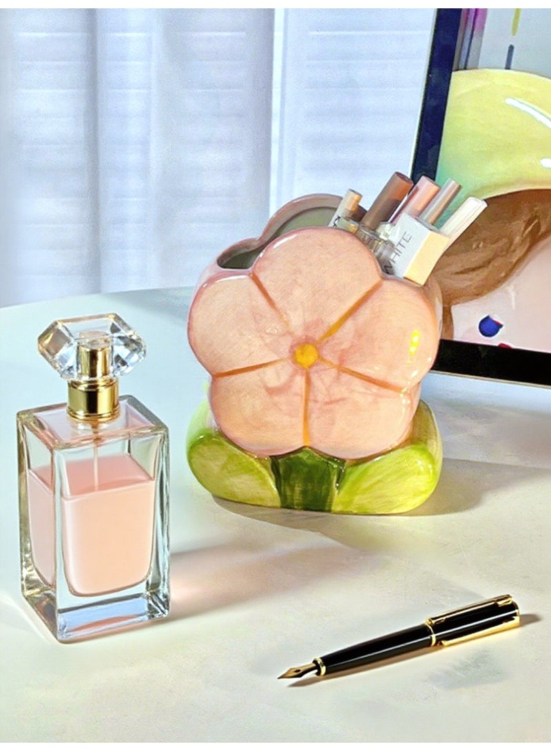Haidue Ceramic Flower-shaped Pen Holder & Storage Box | Pink Tulip Design for Desk Organization & Decoration, Perfect for Girls, Students & Offices, Multi-functional Stationery & Makeup Brush Organizer - Image 1