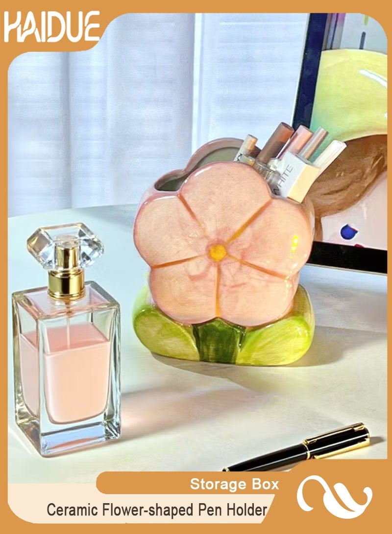 Haidue Ceramic Flower-shaped Pen Holder & Storage Box | Pink Tulip Design for Desk Organization & Decoration, Perfect for Girls, Students & Offices, Multi-functional Stationery & Makeup Brush Organizer - Image 1