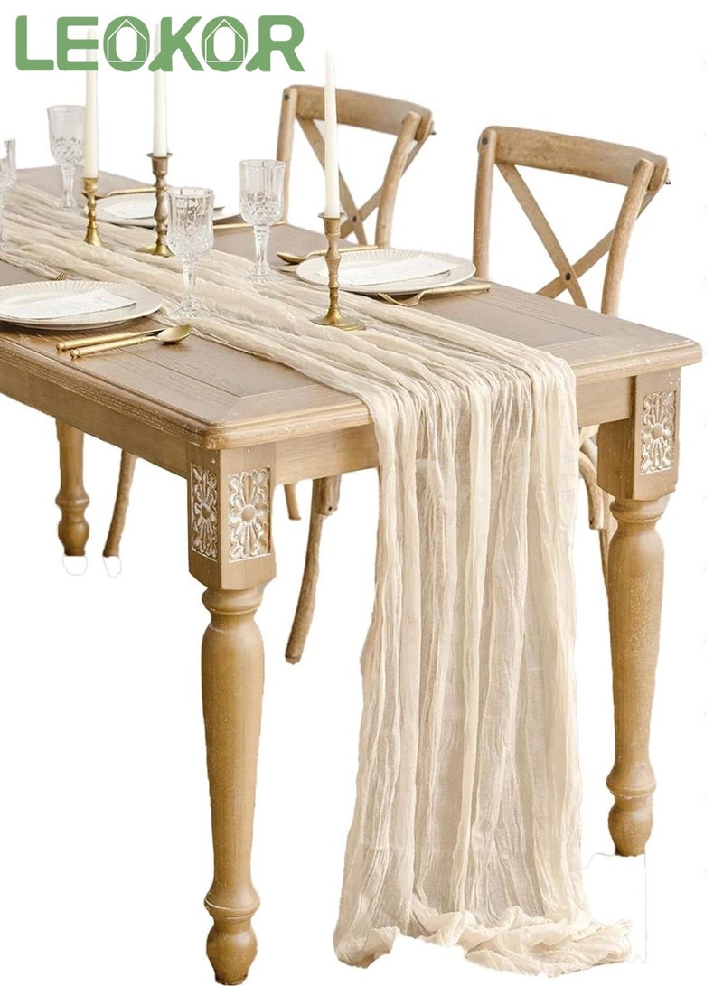 LEOKOR Cheesecloth Table Runner 4M Beige Boho Gauze Sheer Rustic Wedding Table Decor for Home Dining Outdoor Events - Image 1