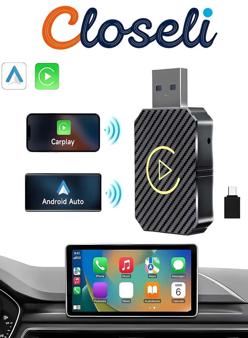 كلوزيلي محول CarPlay ثنائي الوظيفة 2 في 1، محول CarPlay لاسلكي و Android Auto، دونجل Android Auto، توصيل وتشغيل Plug & Play، يحول CarPlay السلكي إلى لاسلكي، اتصال تلقائي، بدون تأخير، اتصال مستقر، إعداد سهل - Image 1