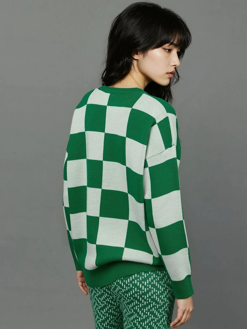 موضتي كنزة صوفية كاروهات مضلعة بياقة مريحة