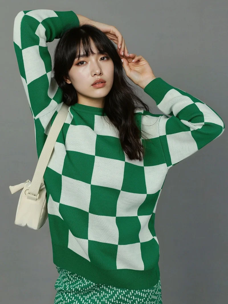 موضتي كنزة صوفية كاروهات مضلعة بياقة مريحة